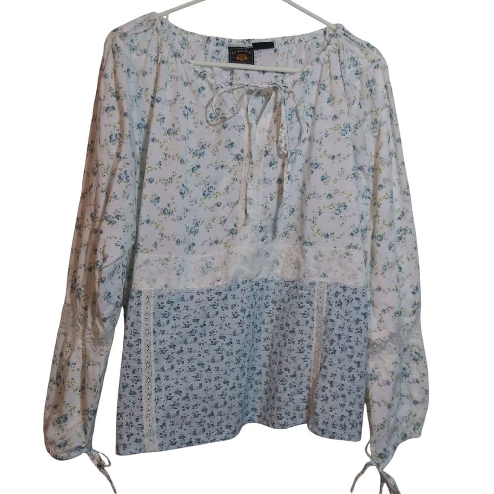 Route 66 Vintage Cotton White Blue Floral CottageCore Romantic Peasant Blouse 2X